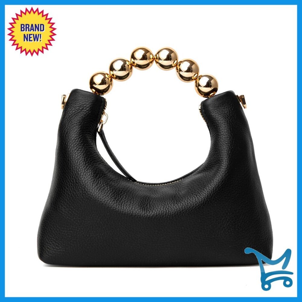 Genuine Leather Top Handle Clutch with Chain Strap, 8.7x4.5x3.8 Inches